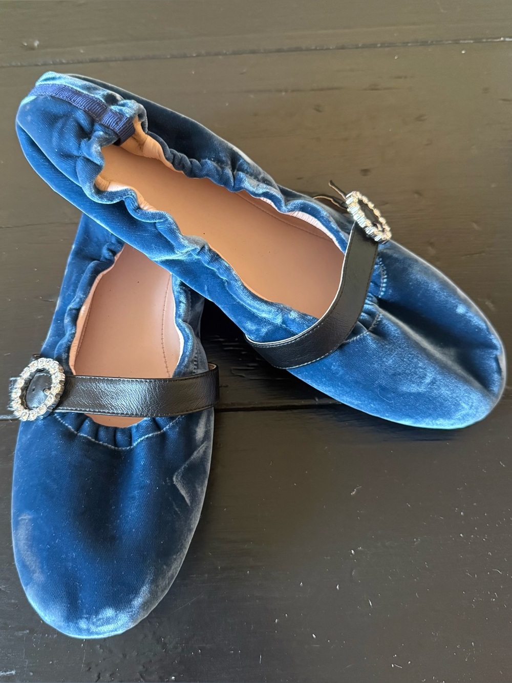 J. Crew Blue Velvet Mary Jane Ballet Flats with Rhinestone Buckle